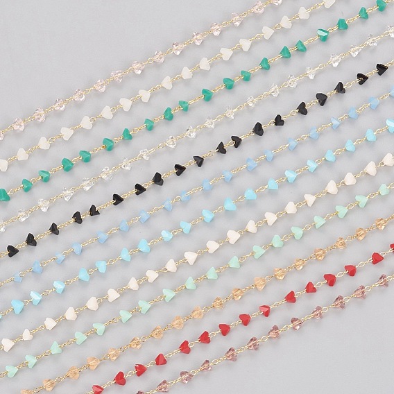 Handmade Glass Beaded Chains, with Brass Findings, Soldered, Long-Lasting Plated, Triangle, Faceted