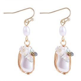 Shell Pearl with Acrylic Butterfly Dangle Earrings, Brass Wire Wrap Long Drop Earrings for Women
