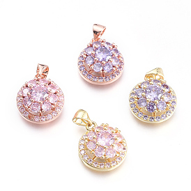 Brass Micro Pave Cubic Zirconia Pendants, Flat Round with Flower