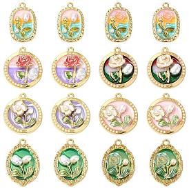 16 шт 8 стили подвески из сплава эмали, с ABS имитации жемчуга, стойки покрытие, золотые, плоский округлый/овальный с цветочным шармом