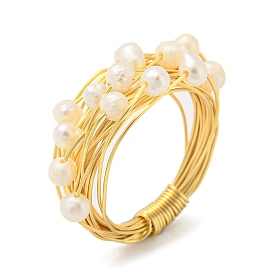Anillo de dedo con cuentas de perlas naturales, anillo de dedo con envoltura de alambre de latón