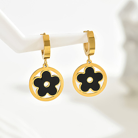 Stainless Steel Inlaid Shell Flower Hollow Hoop Earrings for Elegant French Style Lady