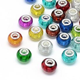 Resin European Beads, Large Hole Beads, with Silver Color Plated Brass Cores, Rondelle Large Hole Beads