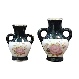 Ceramic Vase Miniature Ornaments, Micro Landscape Garden Dollhouse Accessories, Pretending Prop Decorations, with Double Handles, Flower Pattern