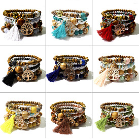 Bracelet de perles de bois multicouches de style bohème, cordon élastique, bijoux, ornement à la main.