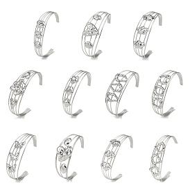 304 Stainless Steel Hollow Open Cuff Bangles, Leaf/Cloud/Butterfly/Heart/Oval/Flower/Star