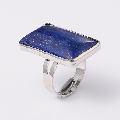 Adjustable Rectangle Lapis Lazuli Brass Rings, 17.5mm