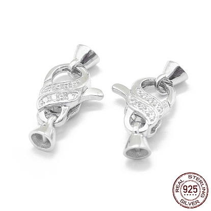 925 Sterling Silver Lobster Claw Clasps, with Cubic Zirconia, Fold Over Clasps, with 925 Stamp