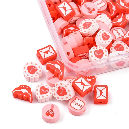 100Pcs Handmade Polymer Clay Beads, Flat Round with Word Love & Heart, Mouth and Letter