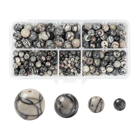 340Pcs 4 Style Natural Black Silk Stone/Netstone Beads, Round