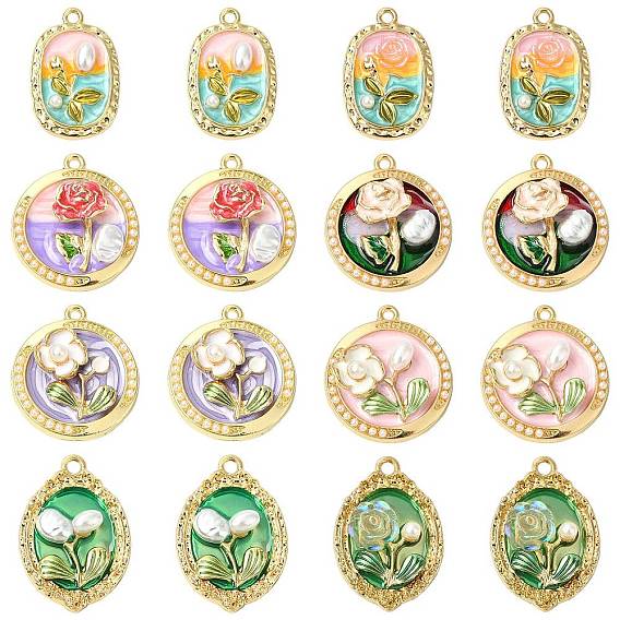 16 шт 8 стили подвески из сплава эмали, с ABS имитации жемчуга, стойки покрытие, золотые, плоский округлый/овальный с цветочным шармом
