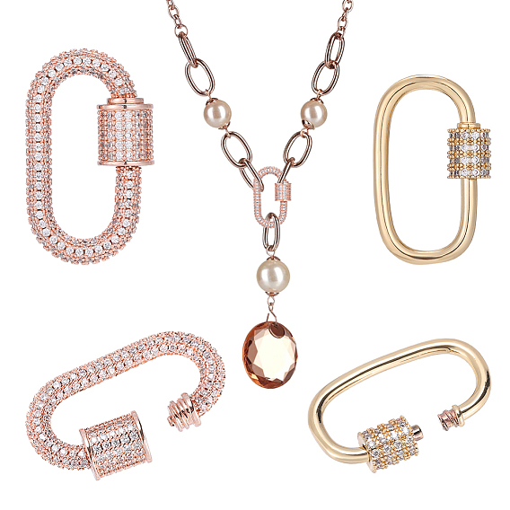 2Pcs 2 Styles Brass & Rhinestone & Cubic Zirconia Locking Carabiner, Oval, Quick Links