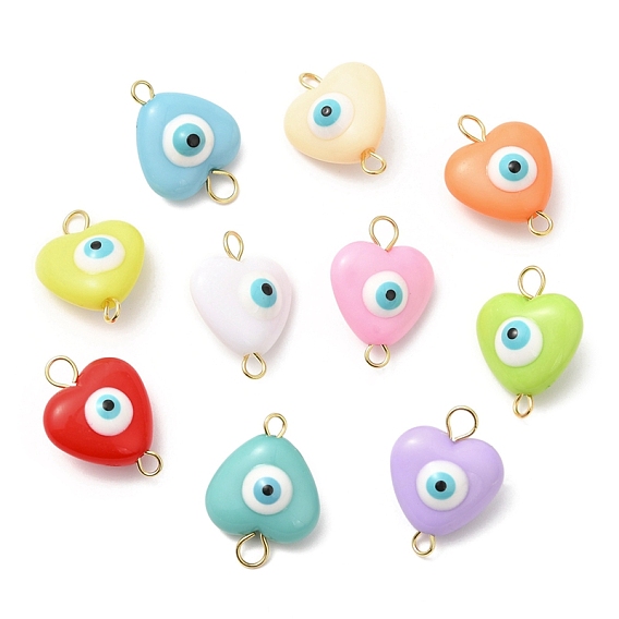 Evil Eye Resin Connector Charms, Heart Links with Brass Loops, Mixed Color