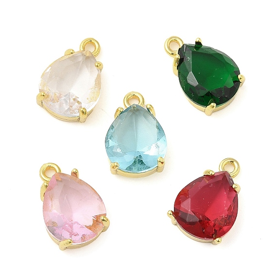 Glass Pendants, with Real 18K Gold Plated Brass Findings, Faceted Teardrop Charms, Lead Free & Cadmium Free, Long-Lasting Plated