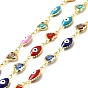 Handmade Brass Evil Eye Enamel Link Chain, with Brass Rhinestone Links, Soldered, with Spool, Horse Eye & Heart, Cadmium Free & Lead Free
