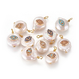 Natural Cultured Freshwater Pearl Pendants, with Cubic Zirconia and Brass Findings, Flat Round with Eyes