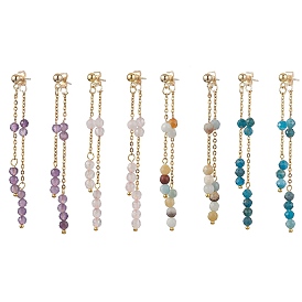 Natural Mixed Stone Ear Studs, with 304 Stainless Steel Cable Chains, Round, Mixed Color