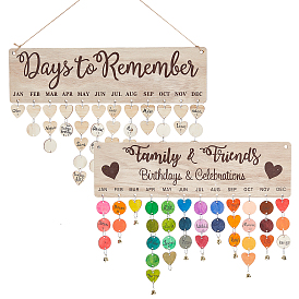 CHGCRAFT 2 Sets 2 Style Hanging Wooden Wall Birthday & Cellebration Reminder Board, with Iron Jump Rings & Jute Cord, Flat Round & Heart Tags, Rectangle, for Family, Friends