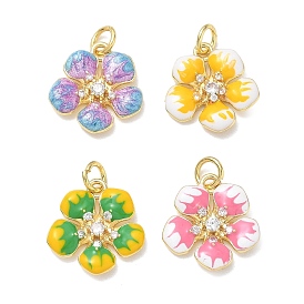 Brass Micro Pave Cubic Zirconia Pendants, Flower Charms, with Enamel