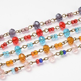 Perles de verre rondelles chaînes pour colliers fabrication de bracelets, avec perles en verre et épingle à oeil en fer bronze antique, non soudée, 39.3 pouce