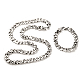 Unisex 304 Stainless Steel Curb Chain Bracelet & Necklace Jewelry Sets, with Lobster Claw Clasps