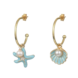 Starfish & Shell Shape Alloy Enamel Asymmetrical Earrings with Natural Pearl, Real 18K Gold Plated Brass Dangle Stud Earrings, Half Hoop Earrings