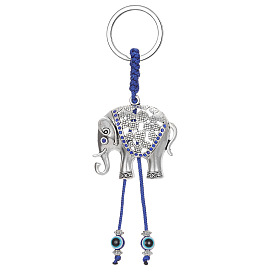 Porte-clés éléphant vintage avec strass, pompons et perles mauvais œil bleu