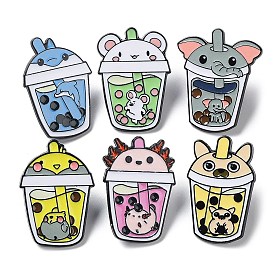 Cartoon Animal Boba Tea Cup Enamel Pin, Electrophoresis Black Alloy Brooch for Clothes Backpack