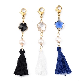 Pampilles en fil de coton gros pendentifs, avec des perles de nacre naturelle, maillons en alliage de verre et 304 fermoirs à pince de homard en acier inoxydable, fleur