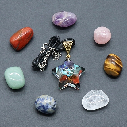 7 Chakra Tumbled Stone & Moon/Star Pendant Necklace Mixed Natural Gemstone Healing Stones Set, Reiki Energy Stone Display Decorations