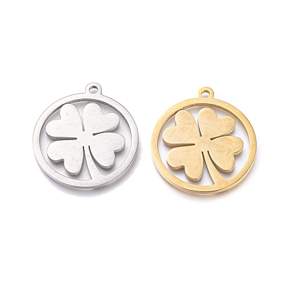 Ion Plating(IP) 304 Stainless Steel Pendants, Manual Polishing, Ring with Clover