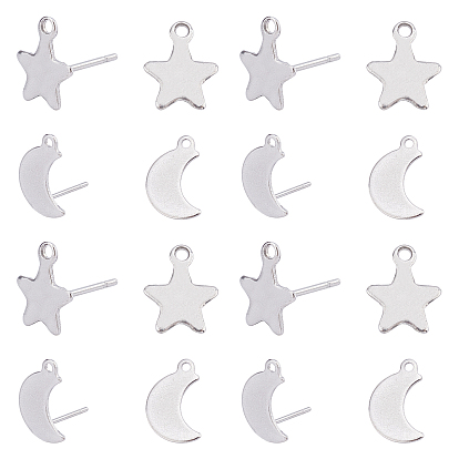 304 Stainless Steel Stud Earring Findings & Ear Nuts, with Loop, Moon/Star