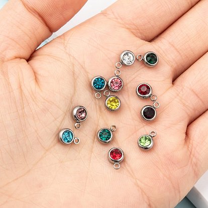201 Stainless Steel Rhinestone Charms, Birthstone Necklace Charms, Flat Round, Stainless Steel Color
