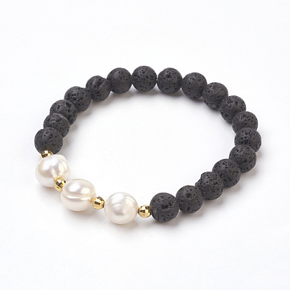 Natural Lava Rock Beads Stretch Bracelets, with Pearl Beads