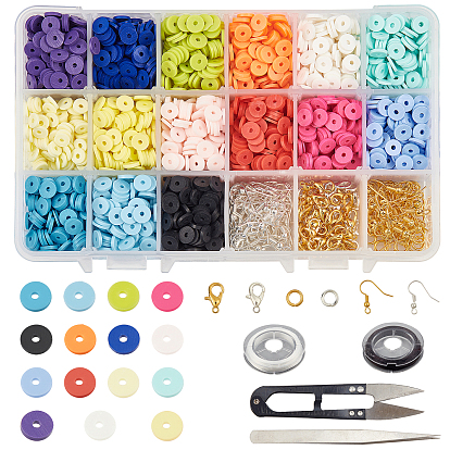 Fabrication de bijoux bricolage, avec la main perles en pate polymère, ciseaux en acier, Crochets d'oreille en laiton, Fermoir mousqueton, fermoirs de homard en alliage de zinc , ficelle de cristal élastique et pince à épiler en fer