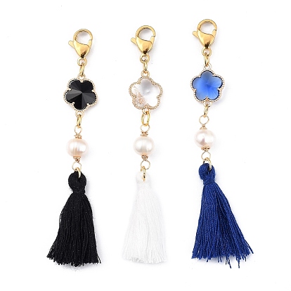 Pampilles en fil de coton gros pendentifs, avec des perles de nacre naturelle, maillons en alliage de verre et 304 fermoirs à pince de homard en acier inoxydable, fleur