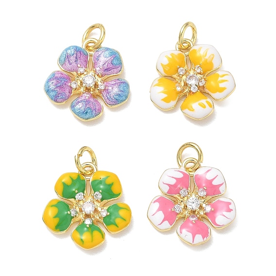 Brass Micro Pave Cubic Zirconia Pendants, Flower Charms, with Enamel