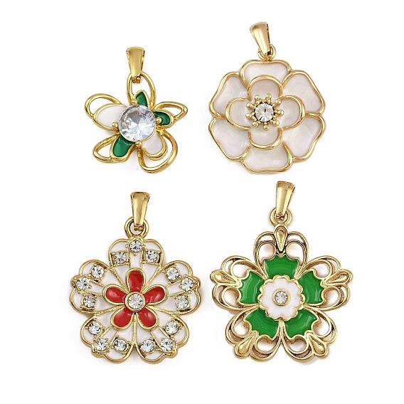 304 нержавеющей стальной эмали подвески, цветок, со стразами, золотые