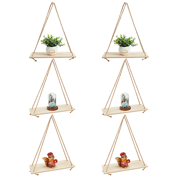 6 Bags Rectangle Wood Wall Hanging Storage Rack, with Jute Rope