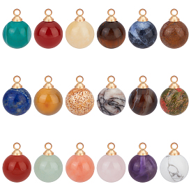 16Pcs 16 Style Natural Mixed Gemstone Charms, with Golden Plated Brass Loops, Round