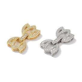 Rack Plating Brass Micro Pave Clear Cubic Zirconia Fold Over Clasps, Cadmium Free & Lead Free, Long-Lasting Plated, Leaf