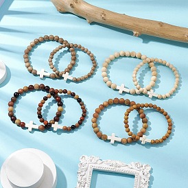 8Pcs Wood Beads Stretch Bracelets for Couple, with Synthetic Turquoise, Cross