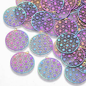 Ion Plating(IP) 201 Stainless Steel Filigree Pendants, Etched Metal Embellishments, Flat Round