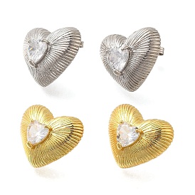 Rack Plating Heart Brass Clear Cubic Zirconia Stud Earrings, Lead Free & Cadmium Free, Long-Lasting Plated