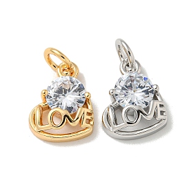 Brass Micro Pave Cubic Zirconia Pendants, with Jump Ring, Heart Charm with word Love