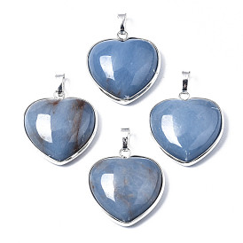 Natural Angelite Pendants, with Platinum Tone Brass Edge and Brass Snap on Bails, Heart