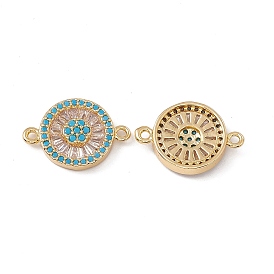 Brass Pave Clear & Deep Sky Blue Cubic Zirconia Connector Charms, Flat Round Links