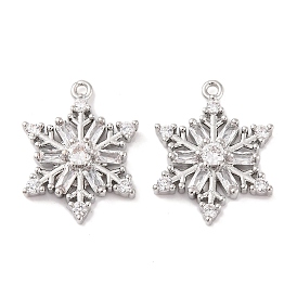 Brass Micro Pave Clear Cubic Zirconia Pendants, Christmas Snowflake