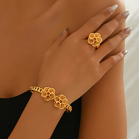 Элегантный комплект из кольца-манжеты и браслета в ближневосточном стиле с цветком из латуни для женщин