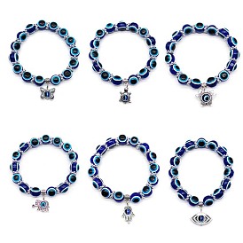 Resin Beaded Blue Eye Bracelet with Evil Eye, Butterfly and Elephant Charms